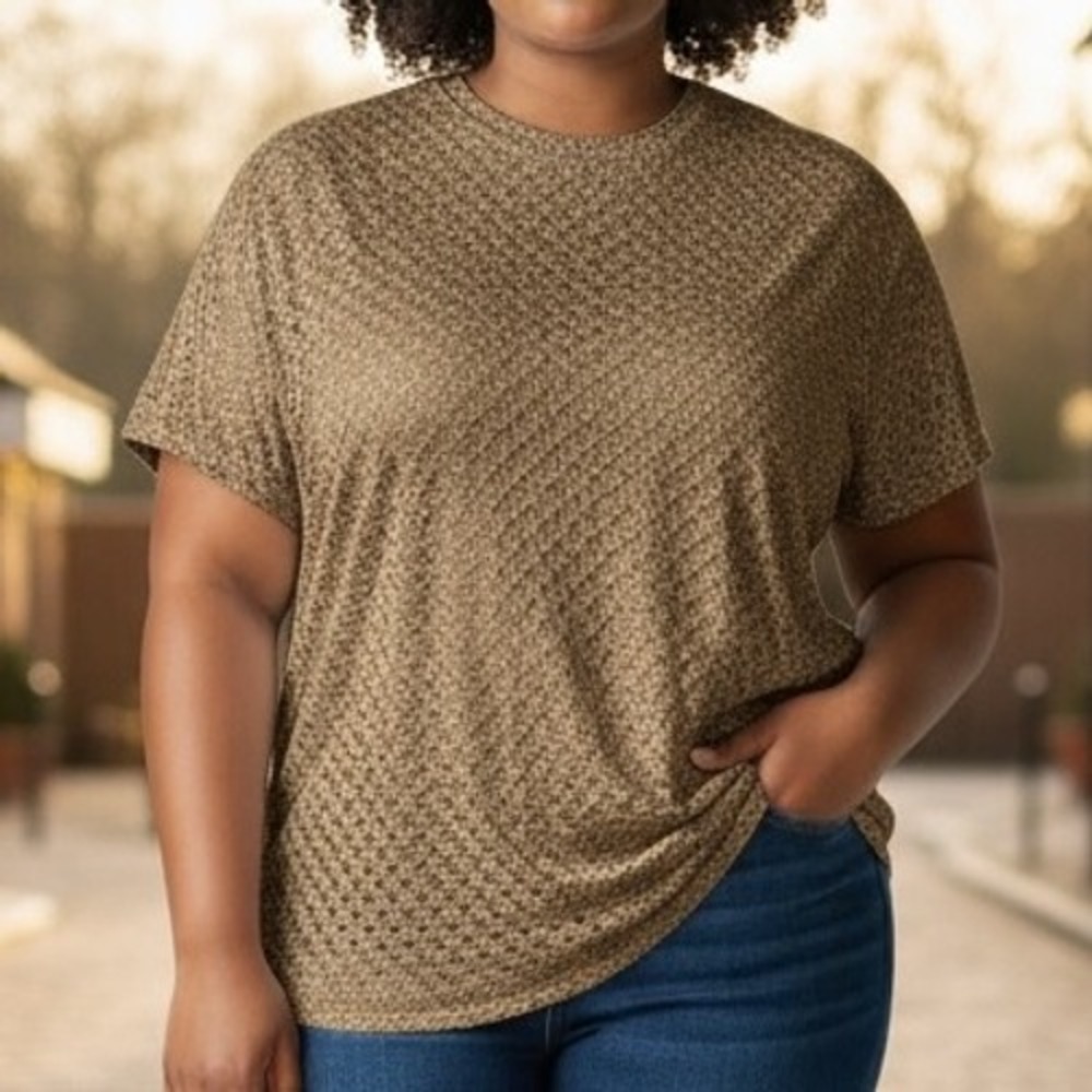 Susan Graver Womens 3X Metallic Knit Top Gold Short Sleeve Sheer Overlay‎